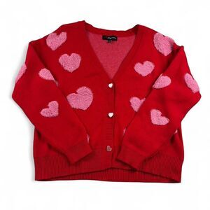 Red Heart Cardigan Women’s L Pink Hearts Button Up Valentine Teacher Sweater